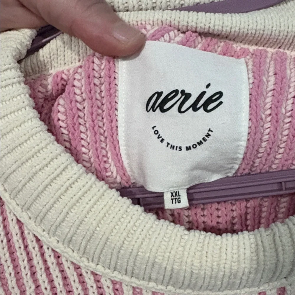 Aerie Oversized Pink and Cream Chenille Vertical Striped Sweater XXL - Picture 2 of 6